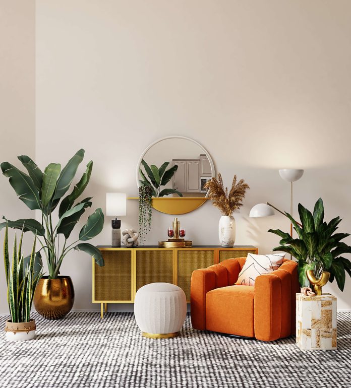 lounge with minimal colour palette including plants, grey rug and orange occasional chair
