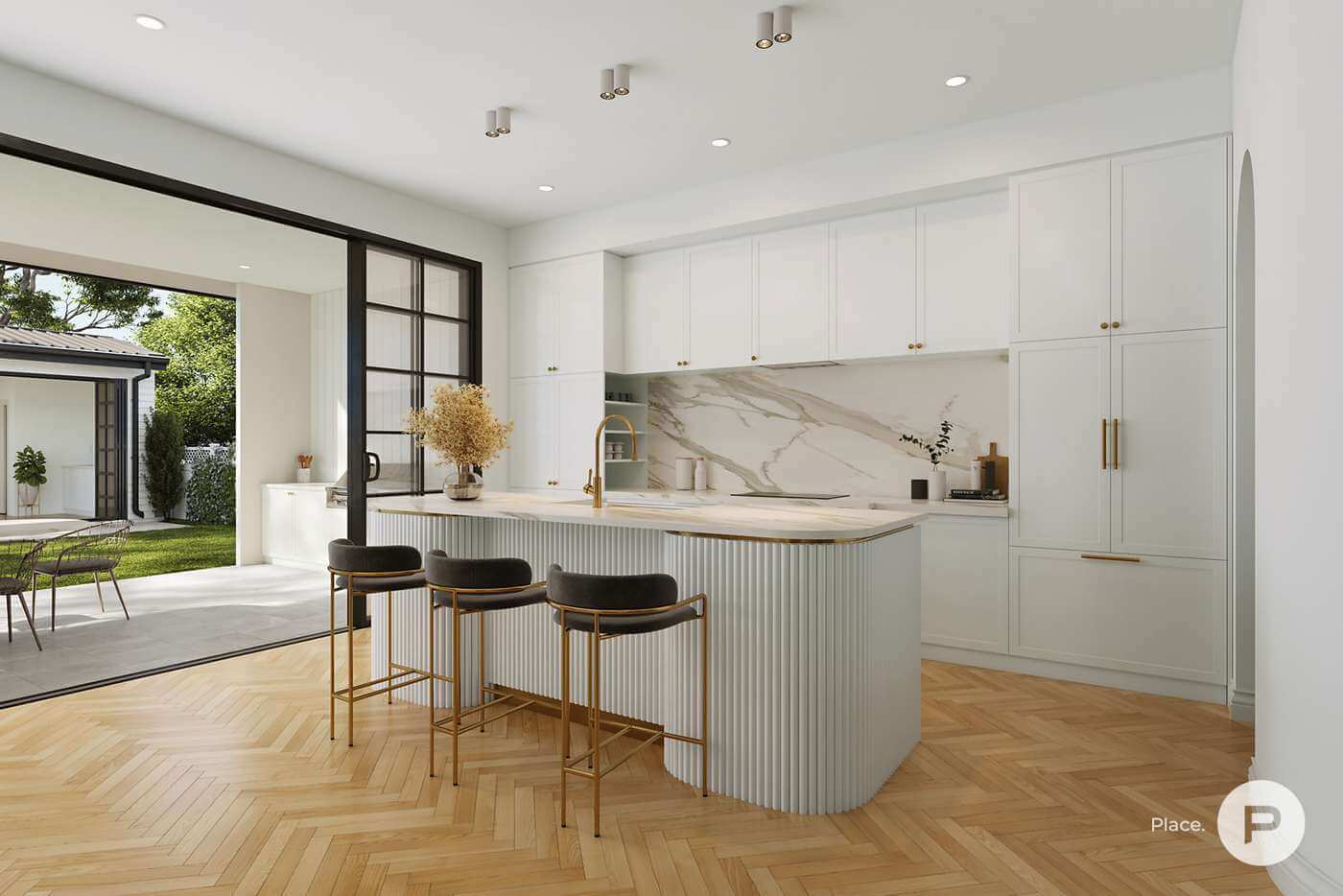 modern kitchen with light cabinetry and marble spashback herringbone floorboards