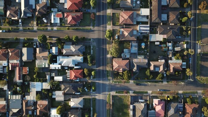 Birds eye view of Australian suburb filled with houses
