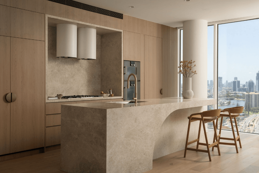 Brand new sandy coloured kitchen with city views to right